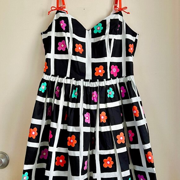 Black & White Checkered Flowers Strap Dress by Hell Bunny - Picture 2 of 5